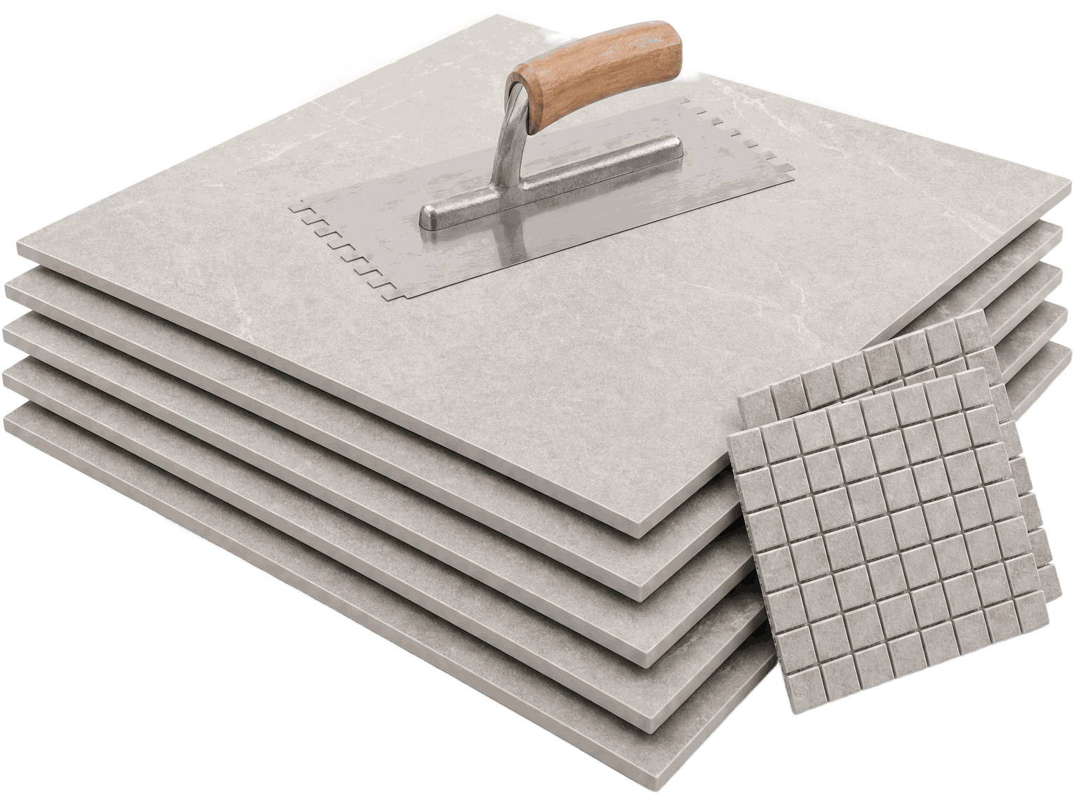 Freigestellter Stapel großformatiger Fliesen mit Zahnkelle und Mosaik (Illustration)